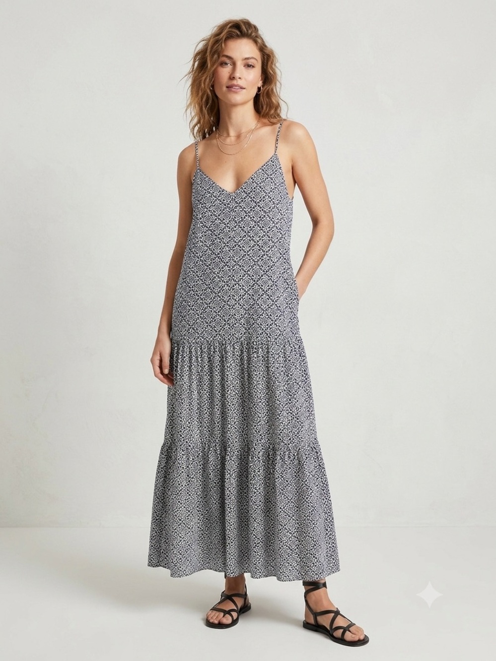 Spaghetti Strap Printed Maxi Dress in Navy and Light Ivory